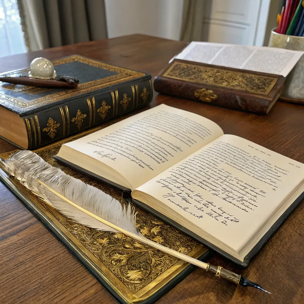 A detailed history book with a quill pen